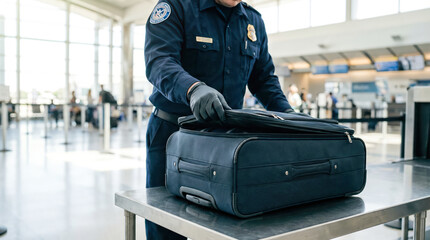 Security officer checks a bag at an airport during a busy afternoon with travelers in the background waiting in line for boarding