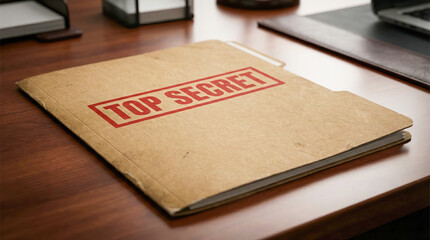 A folder labeled as top secret rests on a wooden desk, surrounded by various office supplies, all during the bustling work hours in an office setting