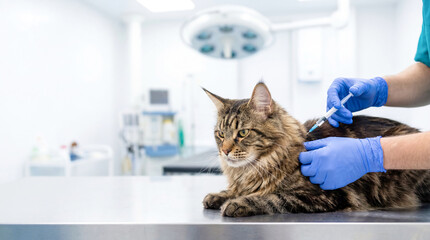 A cat sits on a table in a veterinary clinic while a person in gloves prepares to give a vaccination.