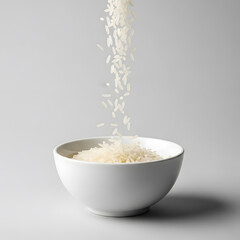 White ceramic bowl being filled with rice grains on a plain background