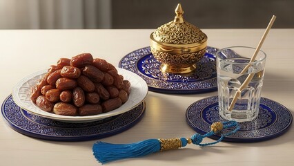Traditional table setting with dates and ornate pottery