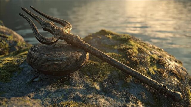Ancient bronze Trishul trident and Damru drum of Lord Shiva resting on mossy rock by river at sunset