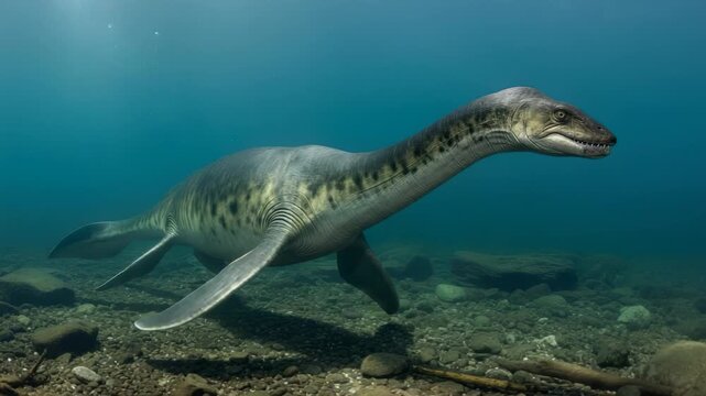 Underwater Plesiosaur Dinosaur Swims Through Ancient Ocean Waters