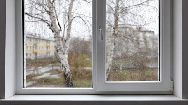Rainy early spring scene seen through window. Water droplets on glass with bare trees and muted landscape in background. Quiet indoor perspective, weather change, seasonal mood - Powered by Adobe