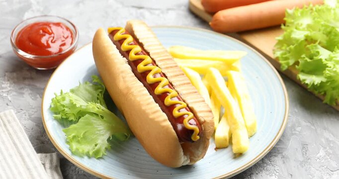 Woman putting tasty hot dog with mustard and potato fries onto grey textured table, closeup
