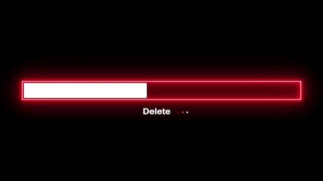 Red neon progress bar with white fill and the word Delete with pulsing dots on a black background signifying a loading or deletion process in progress with a sense of urgency or warning. Keywords