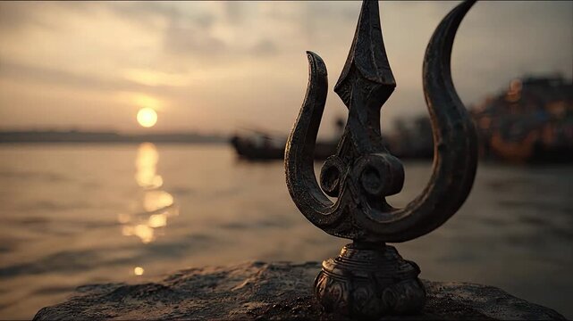 Silhouette of Lord Shiva Trident Trishul symbol against golden sunrise over holy river Ganges water in Varanasi India