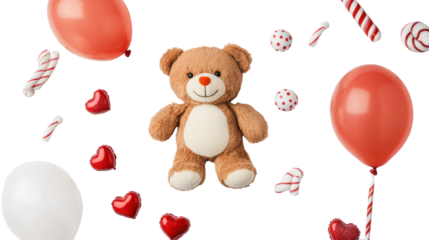 Valentine's day bear with hearts and balloons on transparent background