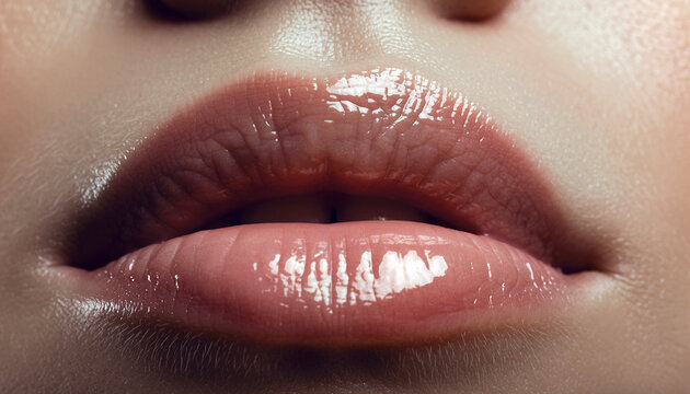 Close-up of glossy lips with a slight gap.