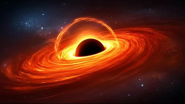 A swirling black hole with intense gravitational pull in deep space viewed from a distant perspective