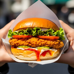 Hands holding a fried chicken sandwich with lettuce and tomato