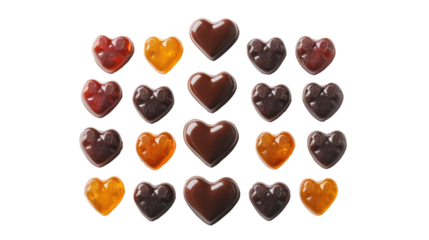 Colorful valentine's heart shaped chocolates, close-up, isolated on transparent background