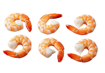 Perfectly cooked, plump, glistening peeled shrimp with vibrant orange, pink, and white colors, arranged on a seamless transparent background with soft studio lighting, appetizing concept