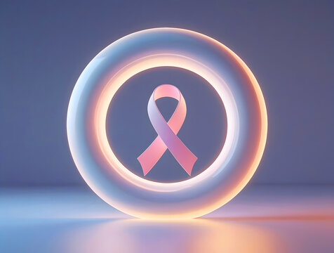 Pink Awareness Ribbon Inside Glowing Circle on Minimal Background