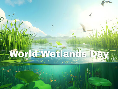 World Wetlands Day Concept Illustration with Marsh Landscape and Underwater Fish View
