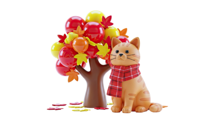 Orange Cat with Scarf and Autumn Tree