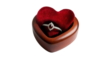 Valentine's day engagement ring in heart-shaped box, romantic jewelry presentation, love symbol, wedding inspiration, diamond ring, velvet lining, wooden box, isolated on transparent background