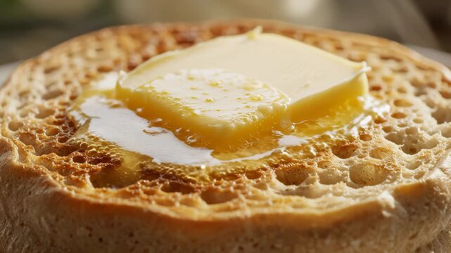 Pouring Honey Over Buttered Crumpet for a Delicious Breakfast Treat