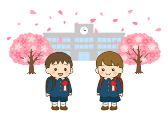 入学式の小学一年生男女と桜と校舎｜春の入学イラスト横長背景