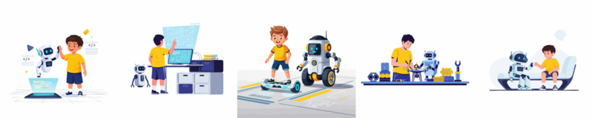 Educational technology concept showing kids coding, building, and interacting with friendly robots and AI companions.