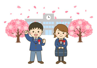 入学式の新入生男女と桜と校舎｜春の入学イラスト横長背景