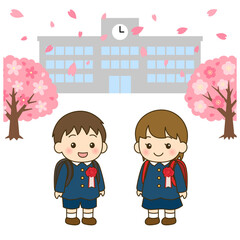 入学式の小学一年生男女と桜と校舎｜春の入学イラスト正方形背景
