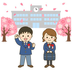 入学式の新入生男女と桜と校舎｜春の入学イラスト正方形背景