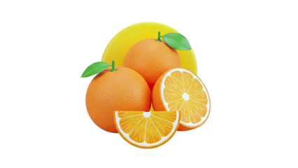 Three Oranges and Slices with Yellow Background