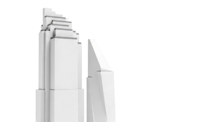 Abstract white skyscrapers with stepped and angled designs
