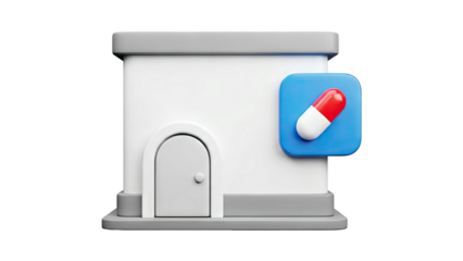 3D Isometric Pharmacy Building Icon with Pill Symbol