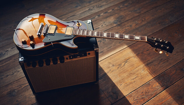 Electric guitar resting on an amplifier on a wooden floor.