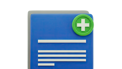 3D Icon: Blue Document with Green Plus Symbol