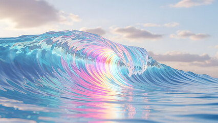 Fototapeta premium Magnificent ocean wave with iridescent colors under a soft, cloudy sky