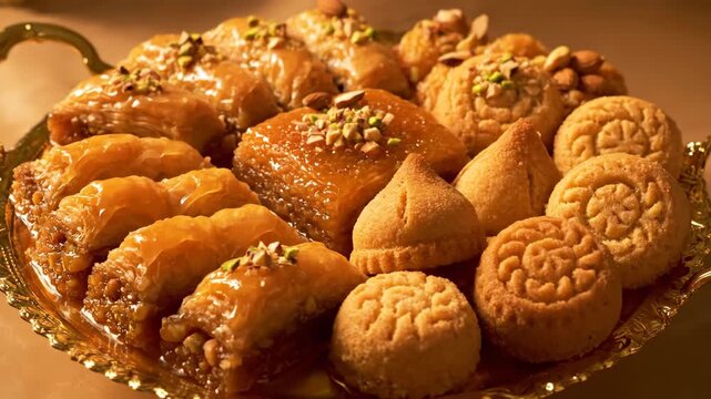 Golden Ramadan Pastry Platter with Baklava, Basbousa, and Maamoul
