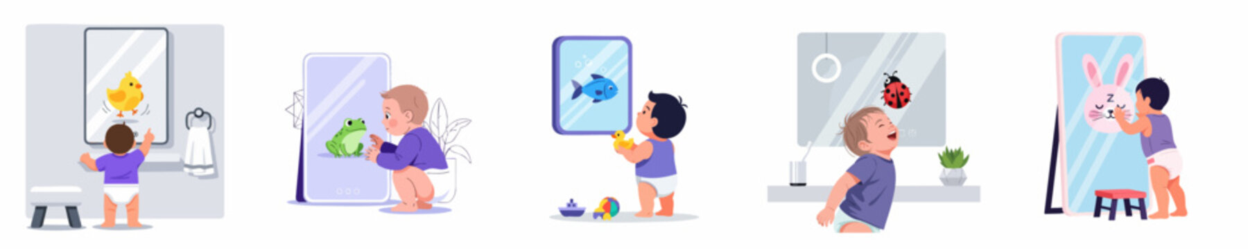 Five scenes of playful babies looking into mirrors, stimulating self-recognition and early cognitive development with animal reflections and bath toys.