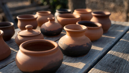 Clay pots arranged on a wooden surface outdoors.