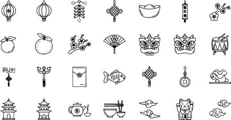 Chinese New Year Lunar Culture Outline Icons Set - Auspicious Vector Collection © vectorcorp