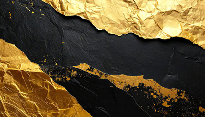 黒背景に流れる金箔の抽象テクスチャ背景。Abstract Gold Leaf Wave on Black Texture Background.