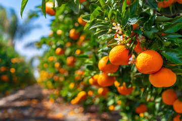 Oranges hang from trees in a sunny grove while workers gather fruit in the afternoon light near an orchard