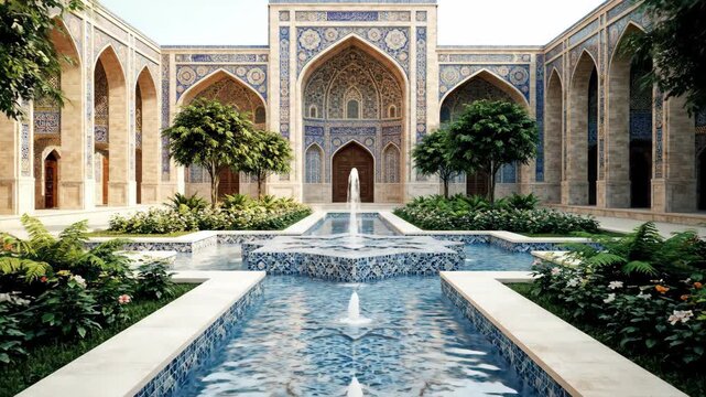 Serene Islamic Courtyard with Geometric Fountain and Lush Greenery