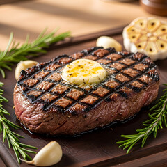Grilled steak with butter on top and herbs on wooden cutting board