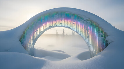 Fototapeta premium Spectacular iridescent ice arch reflects a vibrant rainbow of colors amidst a serene snow-covered winter landscape at dawn
