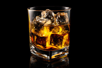 Clear glass with whiskey and ice on a dark background in a dimly lit setting at evening time