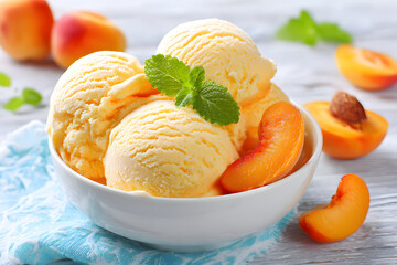 Scoops of yellow ice cream with peach slices in a white bowl on a wooden table