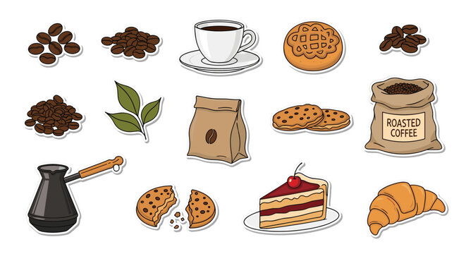 A cozy collection of coffee-themed sticker illustrations including coffee beans, cups, pastries, and a cezve on a white background.