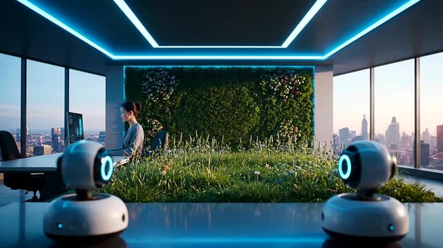 Futuristic Green Office: A Tech-Integrated Home Office Refresh for Sustainable Productivity and Modern Workspaces with City Views.