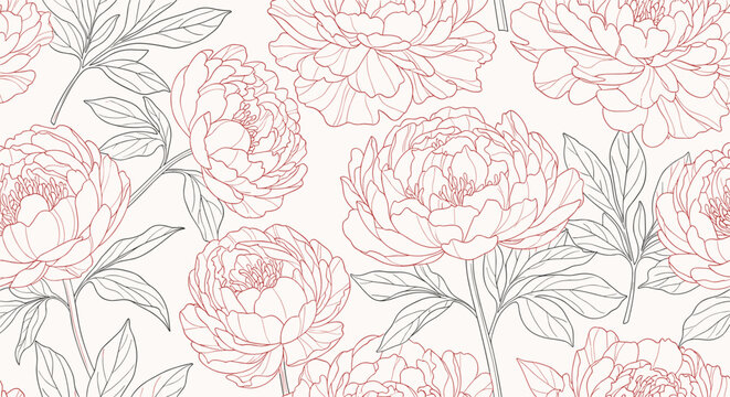 A beautiful and romantic seamless floral pattern of hand-drawn peonies in a pink and gray line art on a light background.