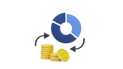 Financial Cycle: Pie Chart, Coins, and Arrows