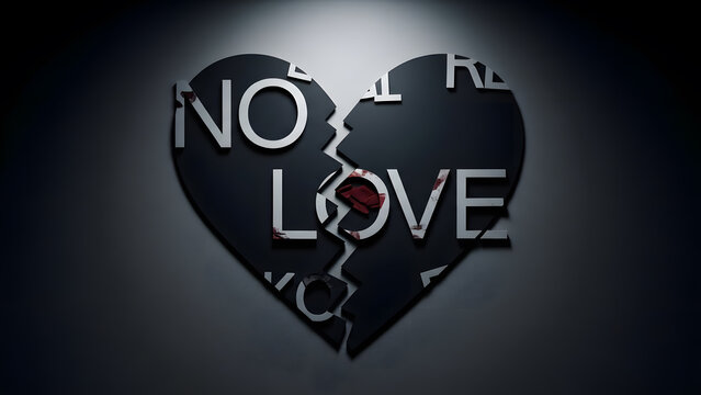 A dark conceptual image of a shattered black heart with the words NO LOVE written across the broken pieces