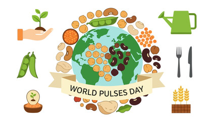 World Pulses Day illustration with globe, various legumes, and related agricultural icons like sprouts, watering can, and cutlery on a white background.